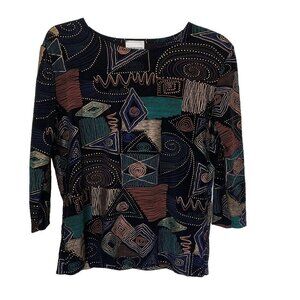 Tape Measure Women's Large Abstract Print 1/2 Sleeve Multicolor Metallic Blouse